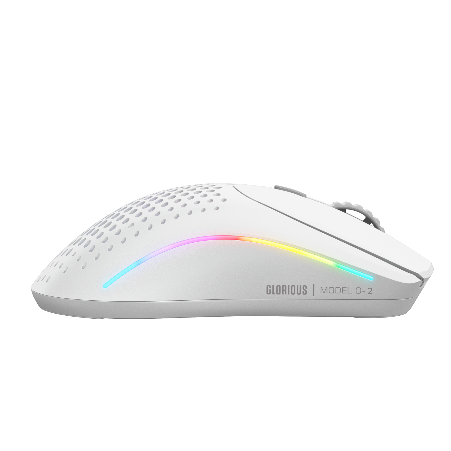 Mouse da gioco bianco. Ha un design a nido d'ape e illuminazione RGB sul bordo inferiore.