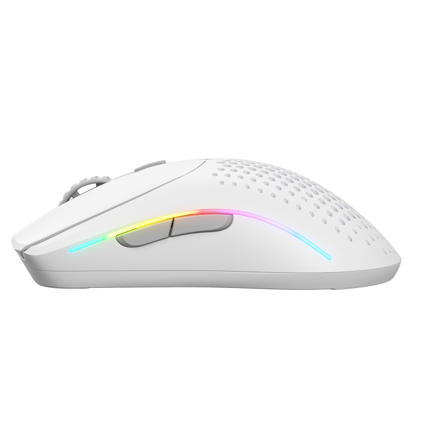 Mouse da gioco bianco con luci RGB sui lati e fori. Sono visibili due pulsanti.