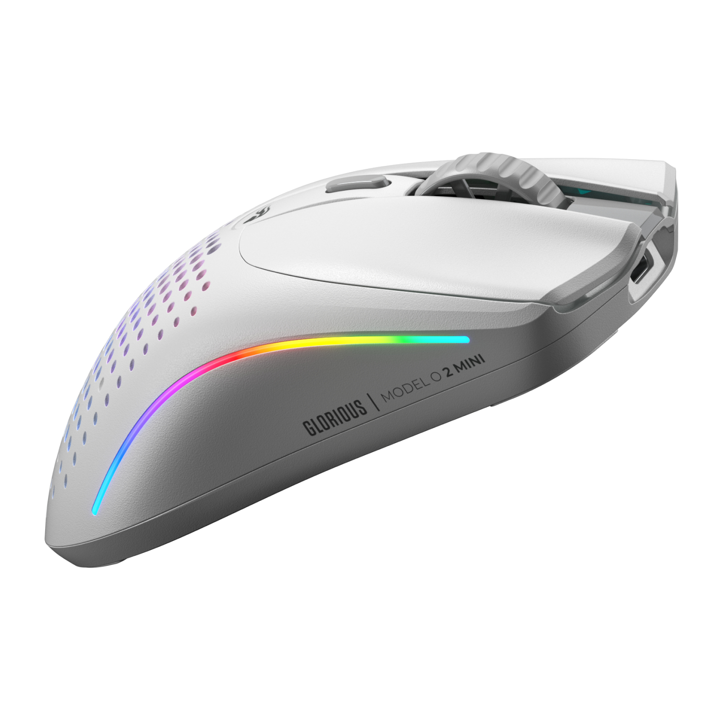 Mouse da gioco bianca con illuminazione RGB. Il mouse ha una rotella e pulsanti laterali. Il marchio è visibile.