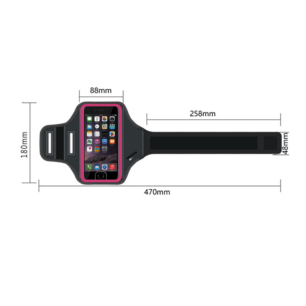 Ein schwarzes Armband mit einem Telefon darin, mit Abmessungen. Ein weißer Hintergrund.