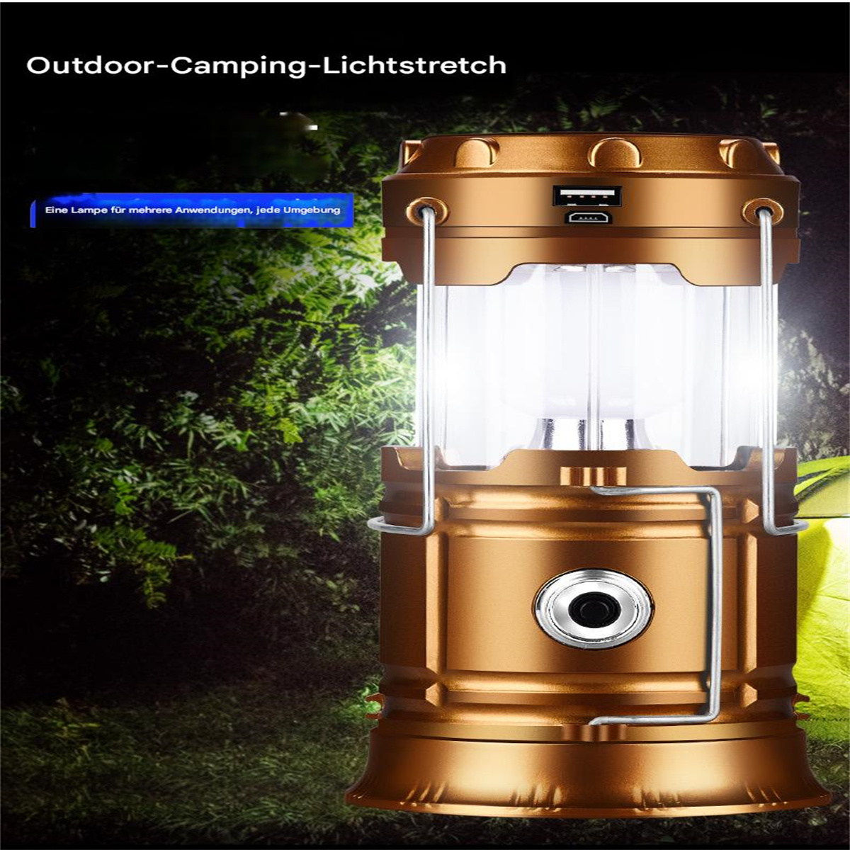 Eine bronzefarbene Campinglaterne mit transparentem Lichtschutz und USB-Anschluss. Grüner Hintergrund.