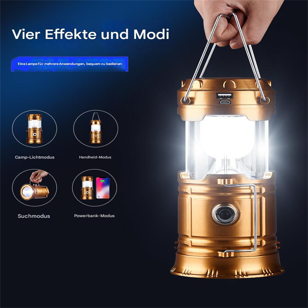 Goldene Laterne mit vier Modi: Camp, Handheld, Suche und Powerbank.