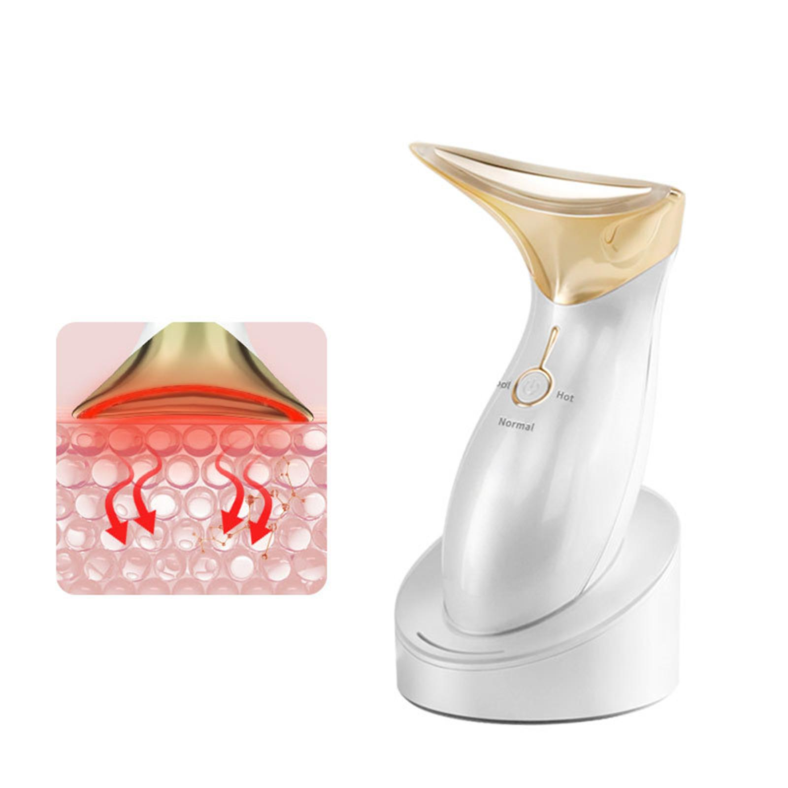 Gesichts-Beauty-Gerät mit Goldkopf und Nahaufnahme von Hautzellen.