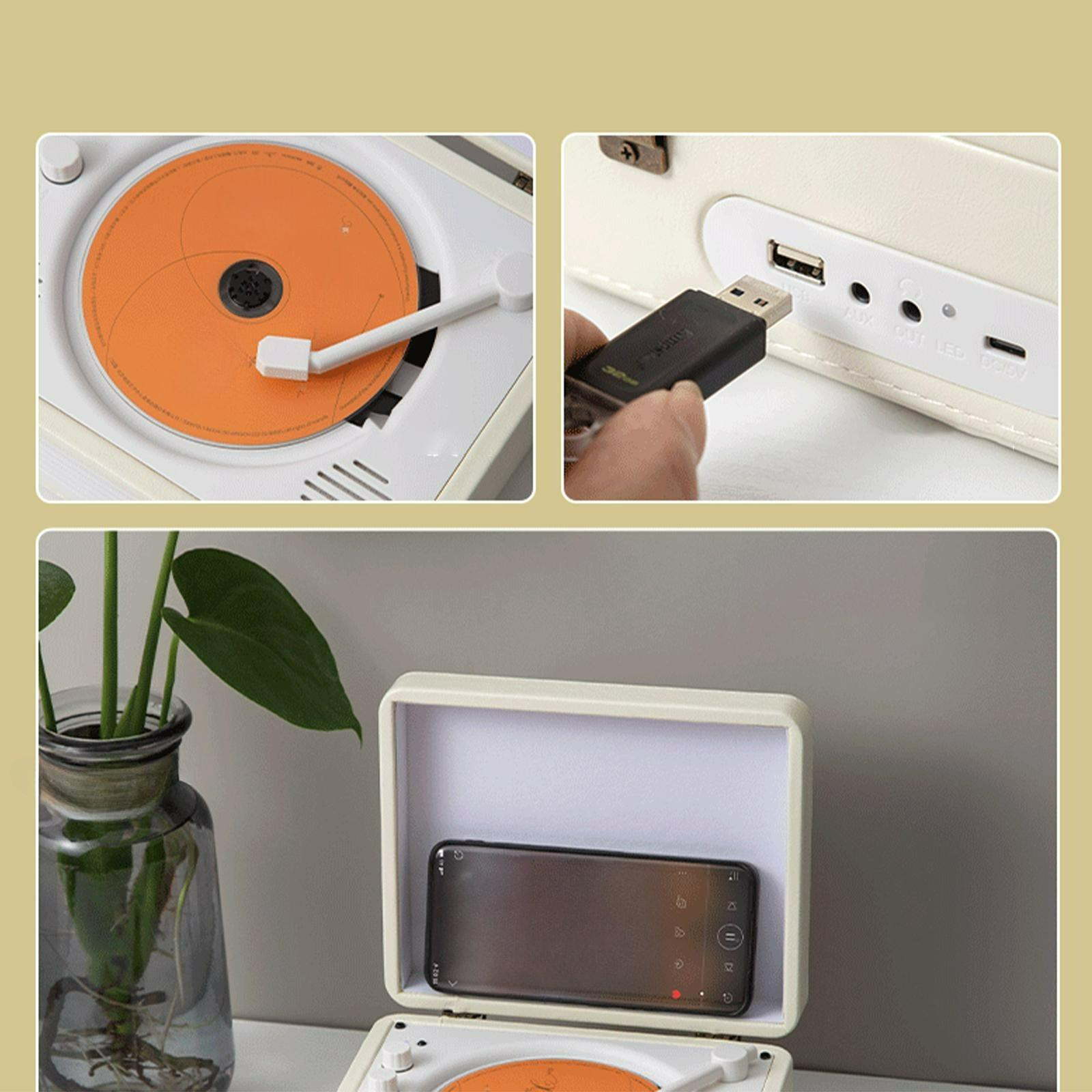 Plattenspieler mit CD, USB-Anschluss und Telefon auf dem Display.