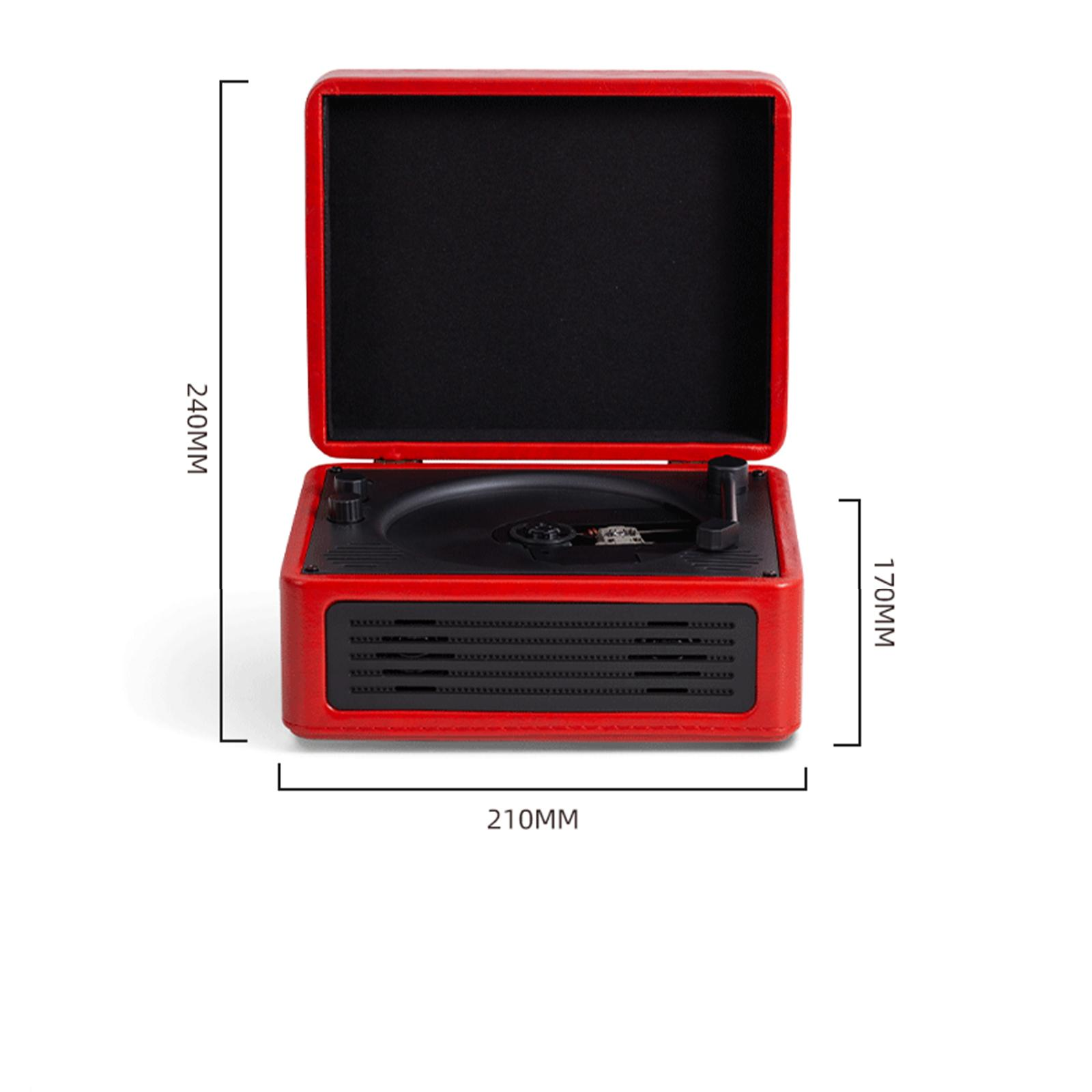 Rotes Stereo im Retro-Stil mit angegebenen Abmessungen. Schwarze Oberseite mit silberner Spindel.
