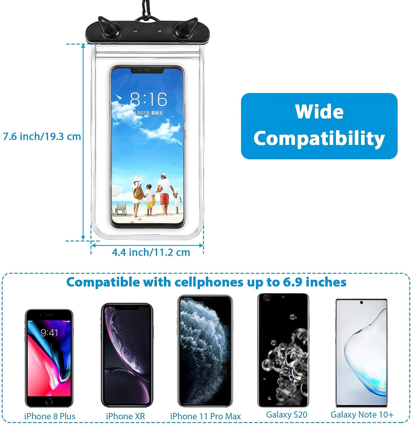 Eine wasserdichte Handytasche mit Telefon, das eine Familie am Strand zeigt. Kompatible Telefone gezeigt.