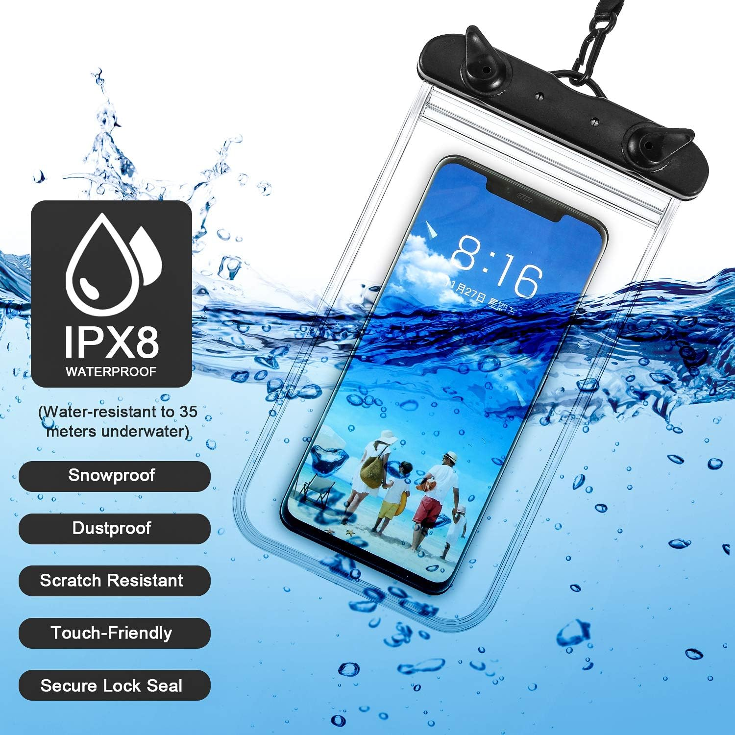 Wasserdichte Handyhülle in Gebrauch. Telefon im Gehäuse, schwimmt im Wasser mit Text.