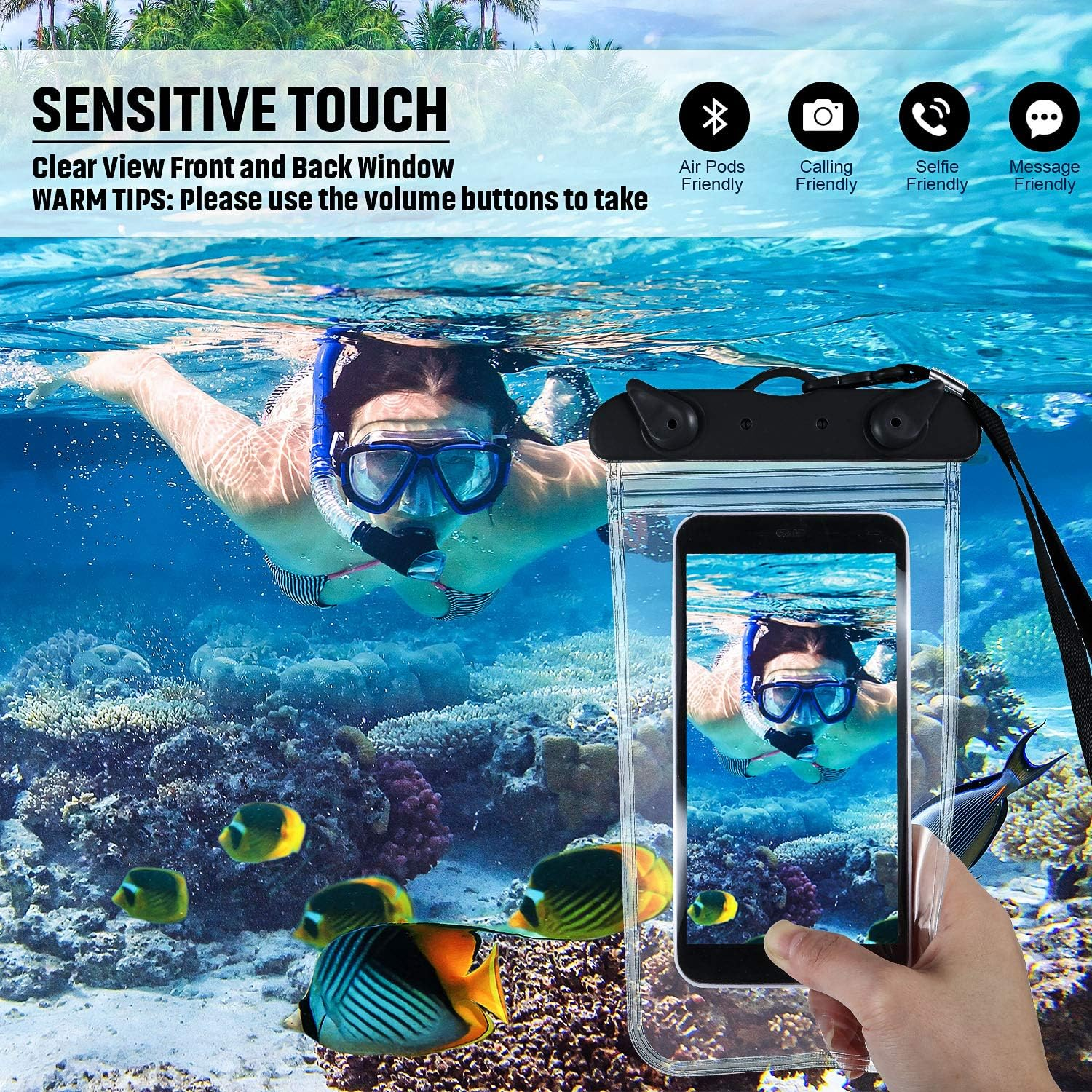 Person unter Wasser mit Schnorchelmaske, hält Telefon in wasserdichter Hülle.
