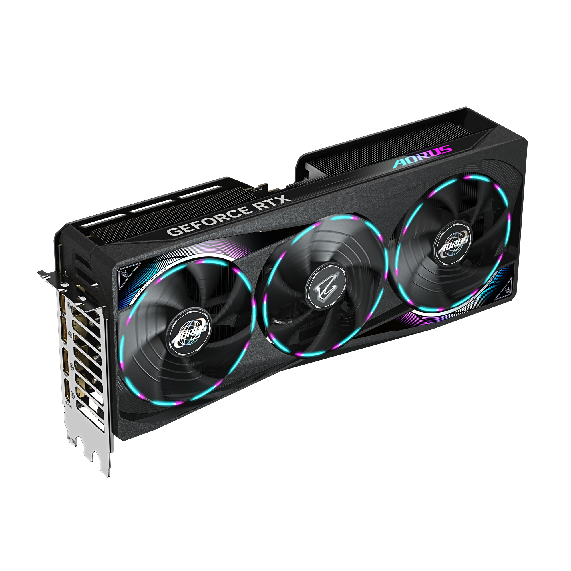 Czarna i srebrna karta graficzna z trzema wentylatorami, z logo AORUS i GeForce RTX.