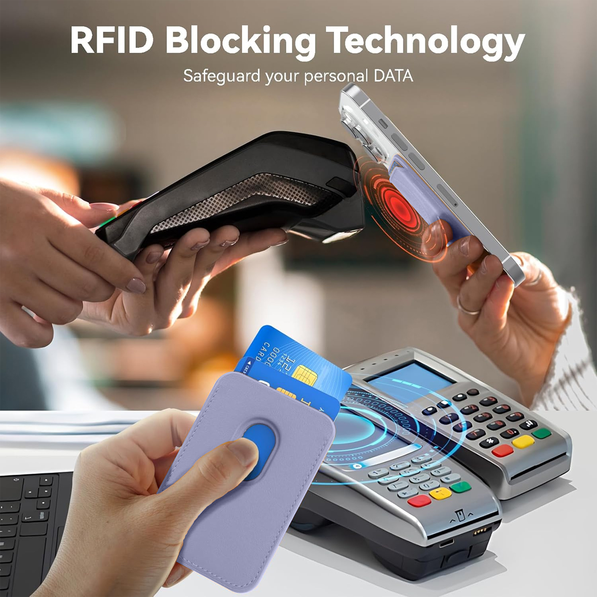 Hände, die einen Kartenhalter mit einer blauen Karte und einem Telefon in der Nähe eines Zahlungsterminals benutzen. Text: RFID-Blockiertechnologie.
