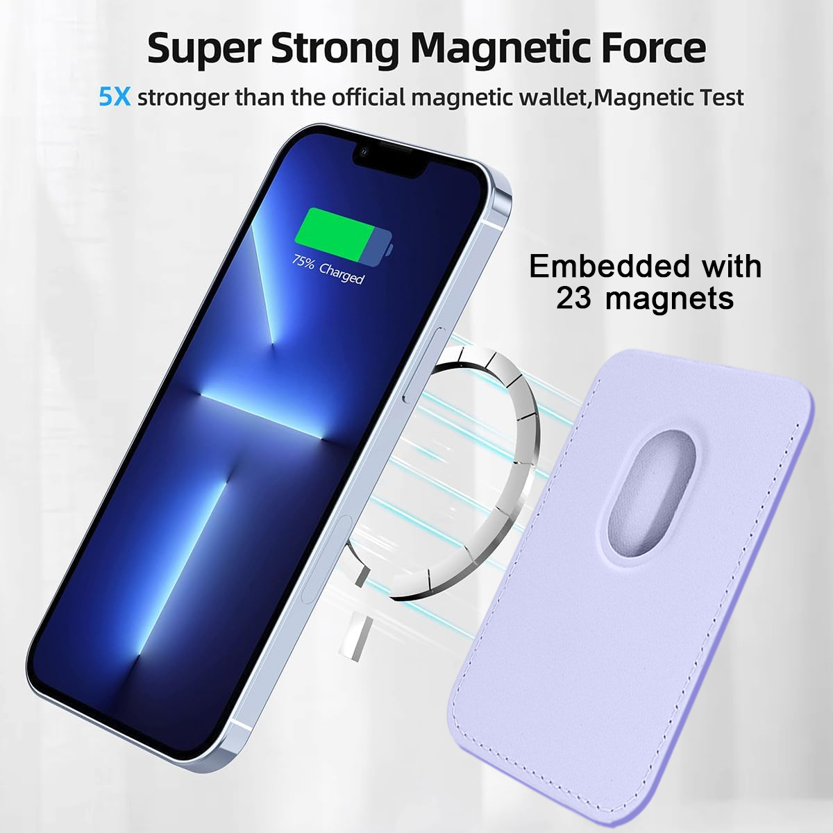 Ein Telefon mit magnetisch befestigter Brieftasche. Die Brieftasche ist hellviolett. Das Telefon lädt.