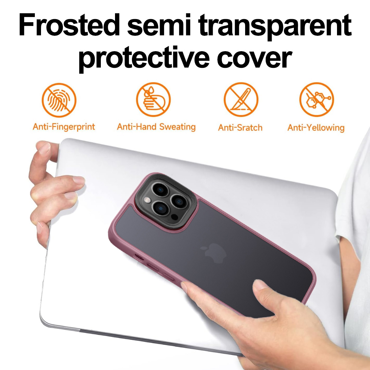 Hand hält Telefon mit Schutzhülle. Symbole für Fingerabdruck-, Schweiß-, Kratz- und Vergilbungsbeständigkeit.