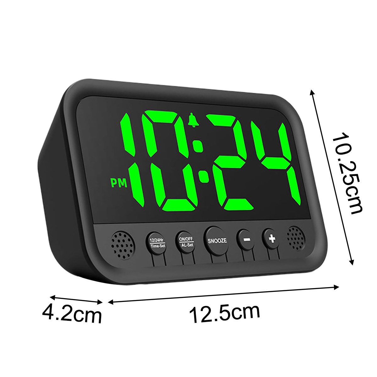 Schwarzer digitaler Wecker mit der Anzeige 10:24 PM mit grünen Ziffern. Abmessungen sichtbar.