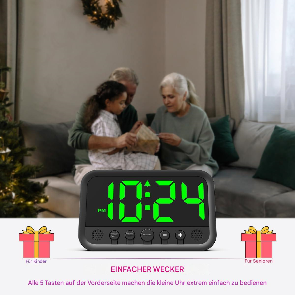 Ein Wecker zeigt 10:24 PM. Personen im Hintergrund, mit Geschenkboxen.
