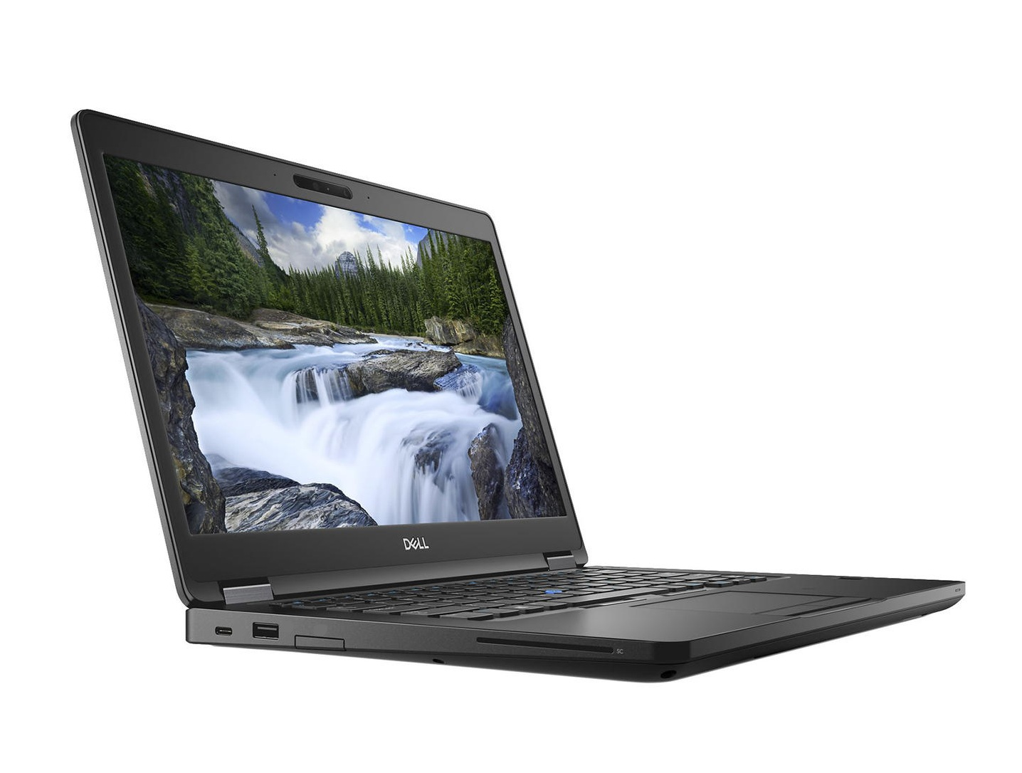 Ein schwarzer Laptop mit einem Bildschirm, der eine Wasserfallszene zeigt, auf weißem Hintergrund.