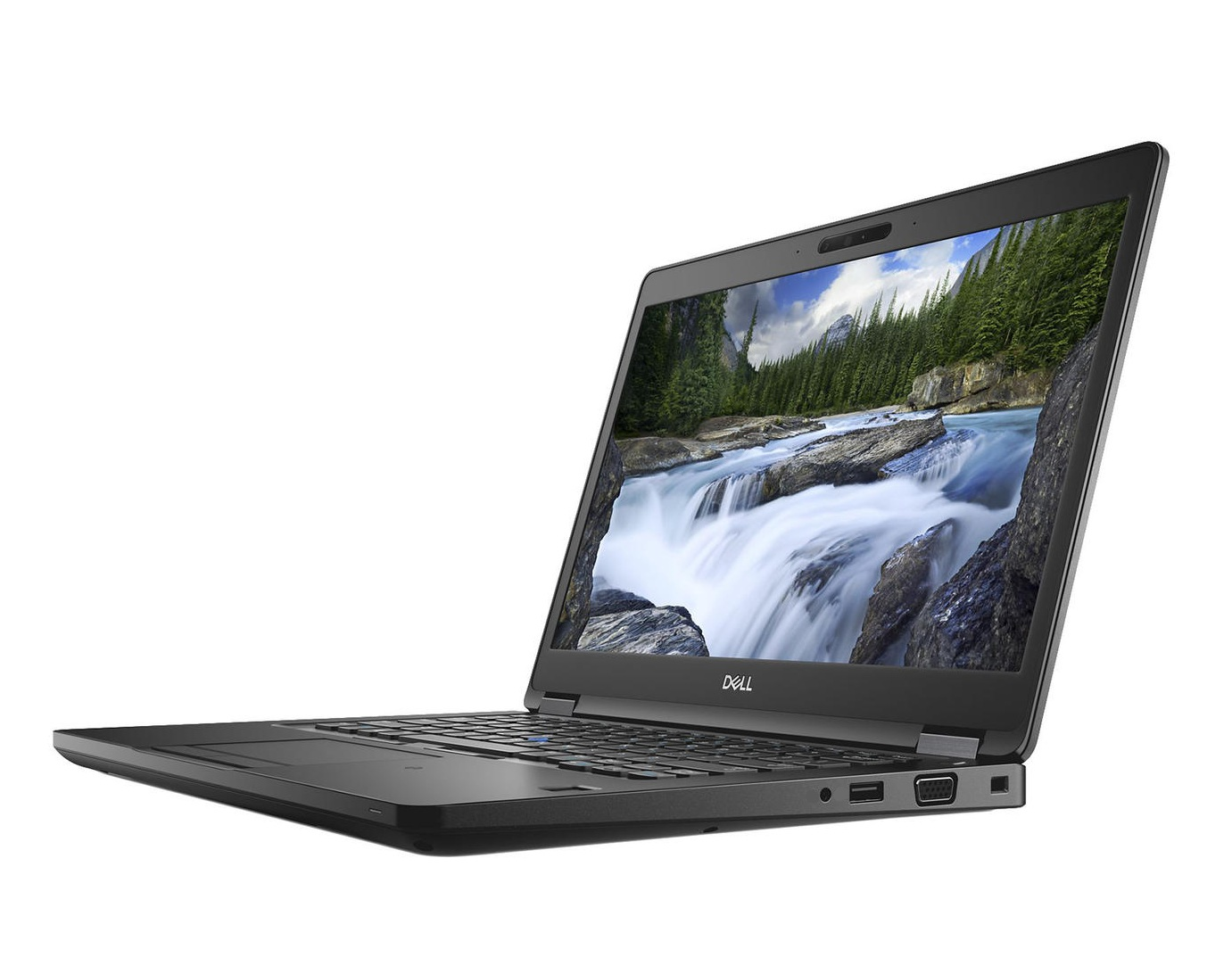 Schwarzer Laptop mit Bildschirm, der einen Fluss und Berge zeigt. Weißer Hintergrund.