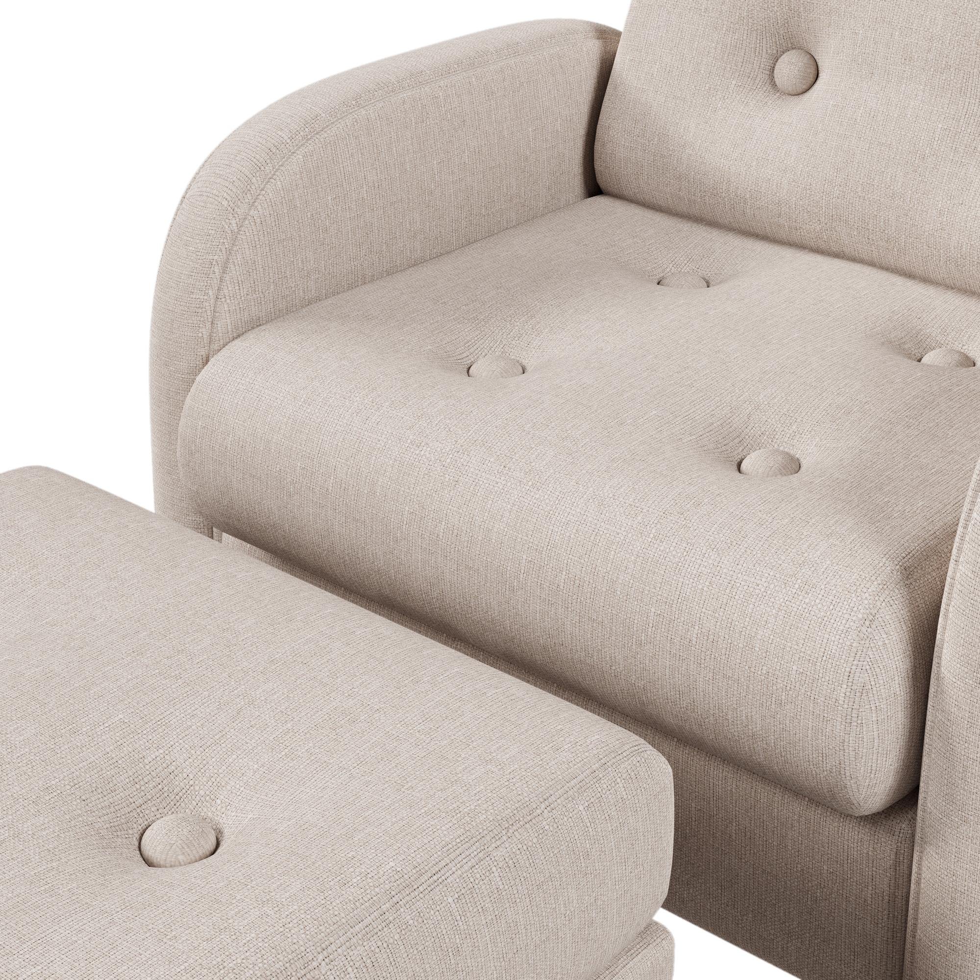 Beiges Sessel- und Fußhocker-Set, Nahaufnahme des strukturierten Stoffes.