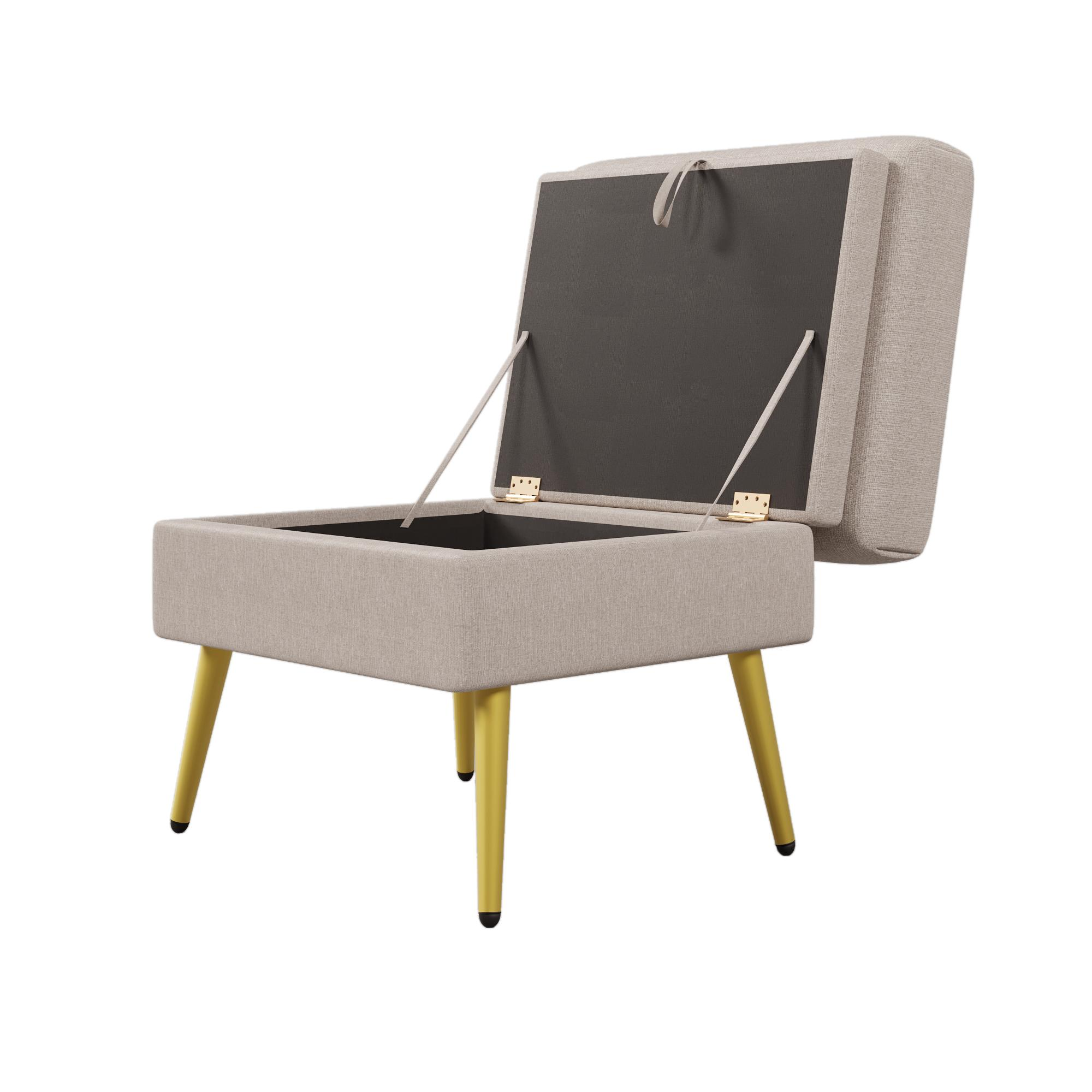 Beige gepolsterte Aufbewahrungsbank mit goldenen Beinen, geöffnet, um den Innenraum freizugeben.