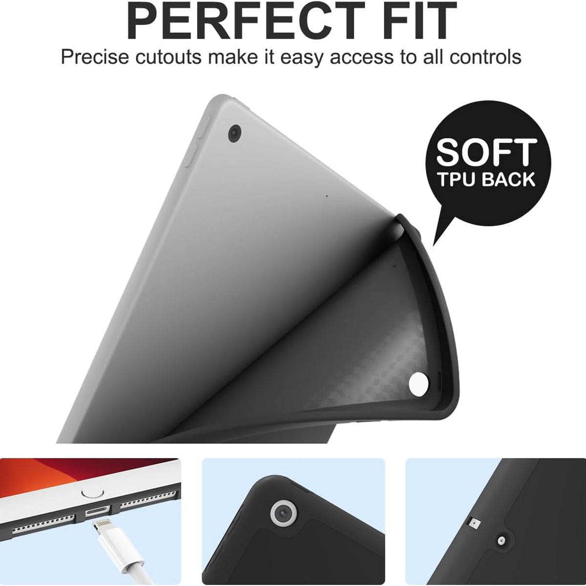 Ein Tablet in einer schwarzen Hülle, mit Nahaufnahme eines Ladeanschlusses. Die Hülle ist offen.