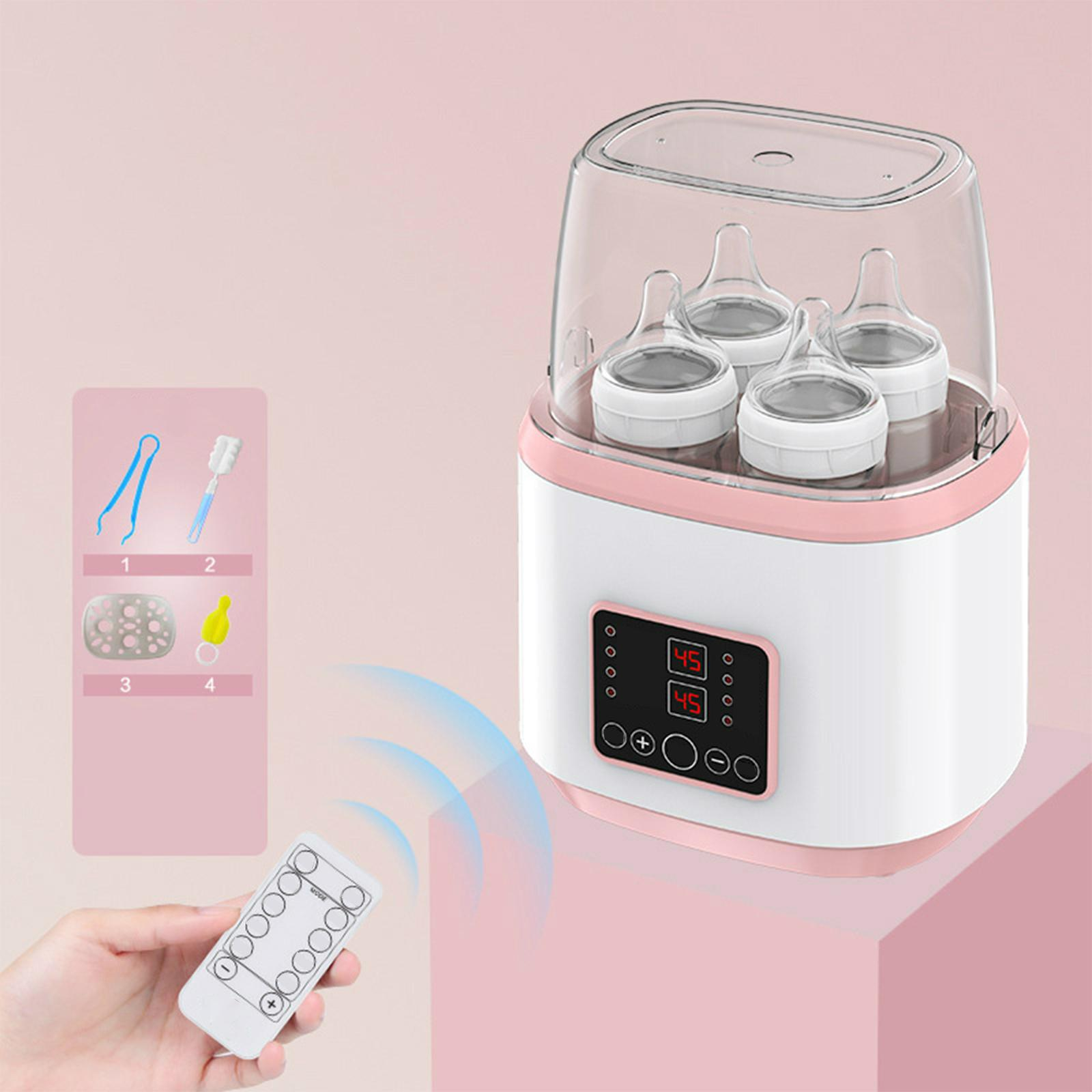 Babyflaschensterilisator mit Flaschen, Zubehör und Fernbedienung auf rosa Hintergrund.