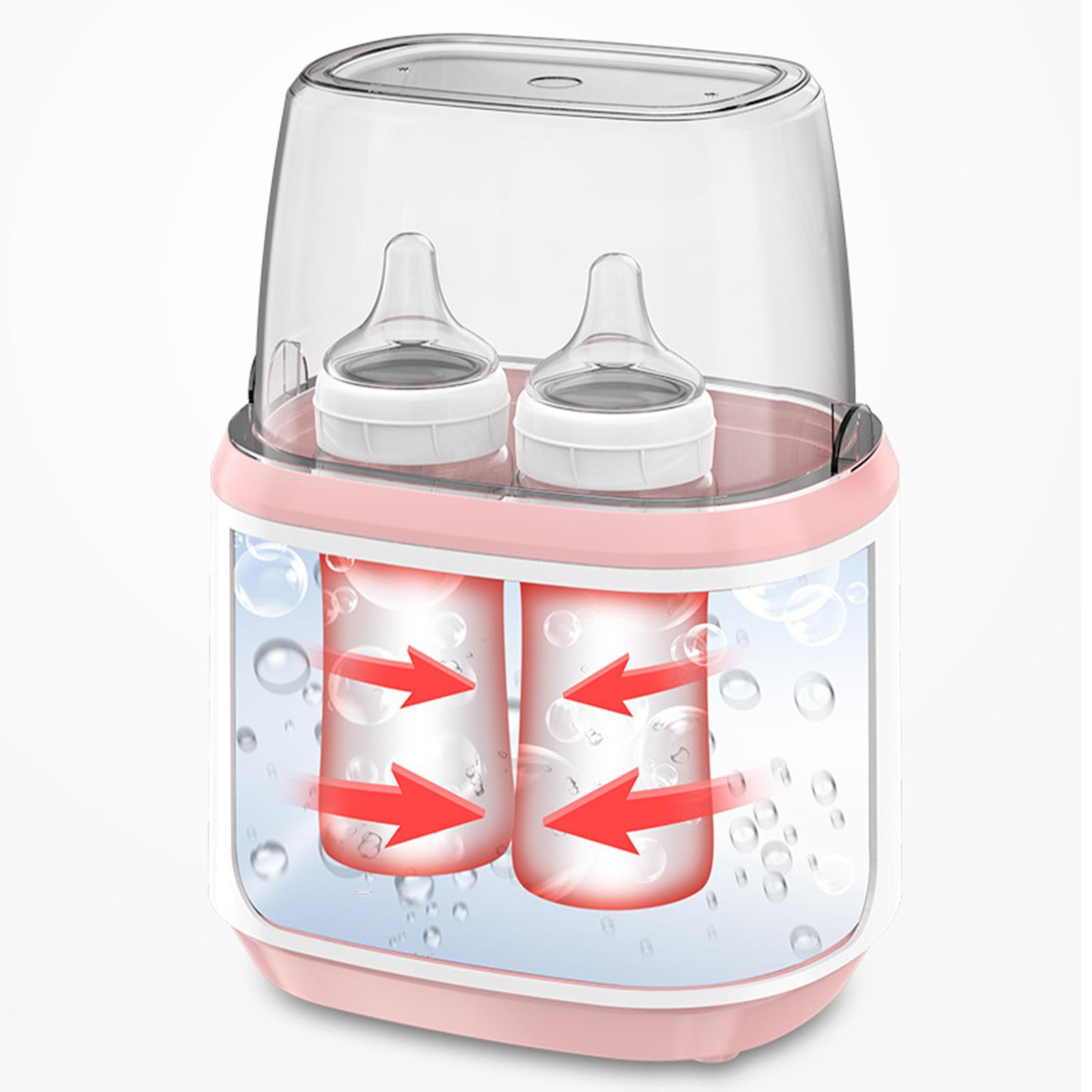 Ein rosa Babyflaschenwärmer mit zwei Flaschen und Blasen. Pfeile zeigen den Wasserfluss zur Sterilisation.