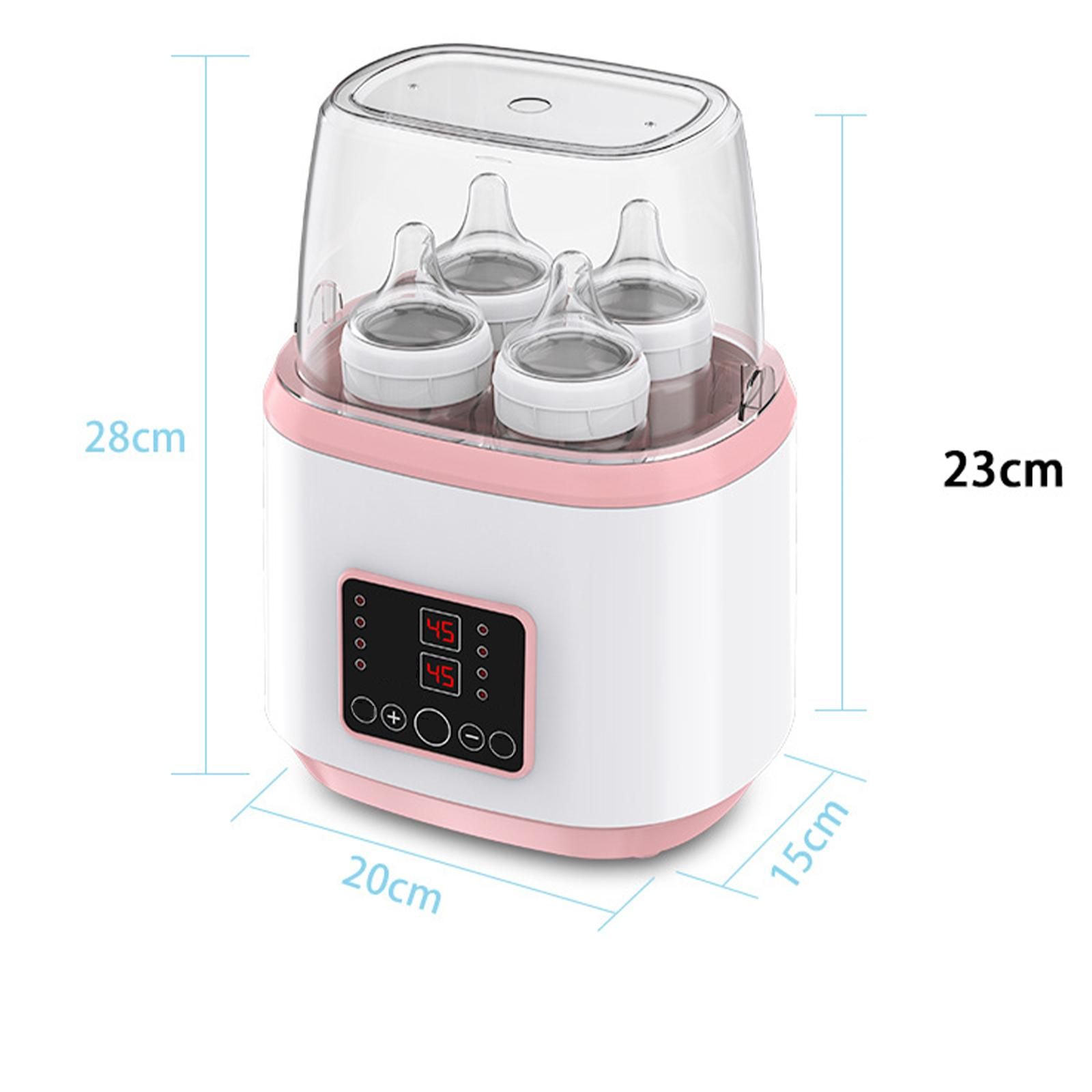 Ein weiß-rosa Babyflaschensterilisator mit vier Flaschen und Abmessungen.