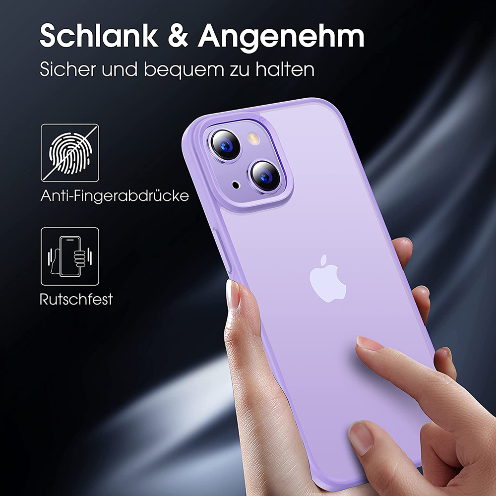 Eine Hand hält ein lila Telefon mit einer lila Hülle. Die Hülle hat Anti-Fingerabdruck-Eigenschaften.