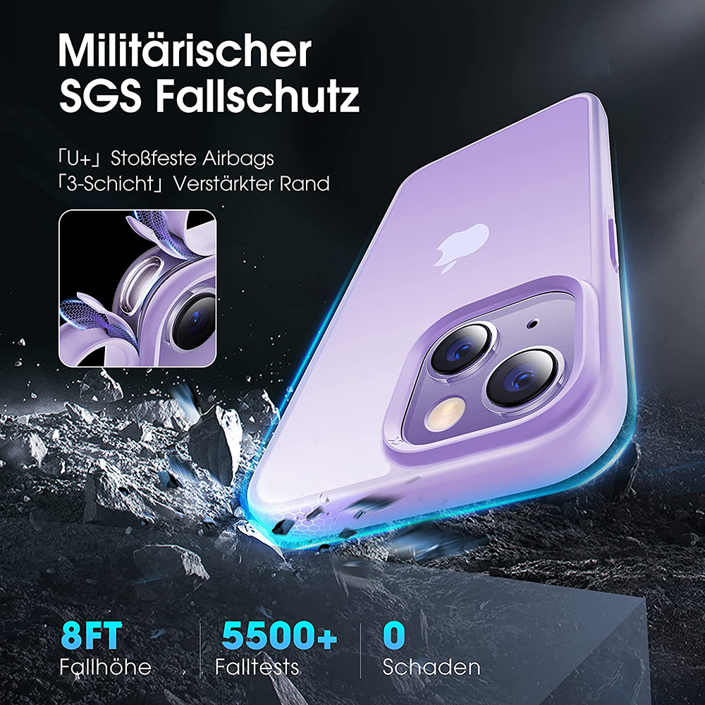 Ein Telefon in einem lila Gehäuse, das auf einer rauen Oberfläche angezeigt wird.