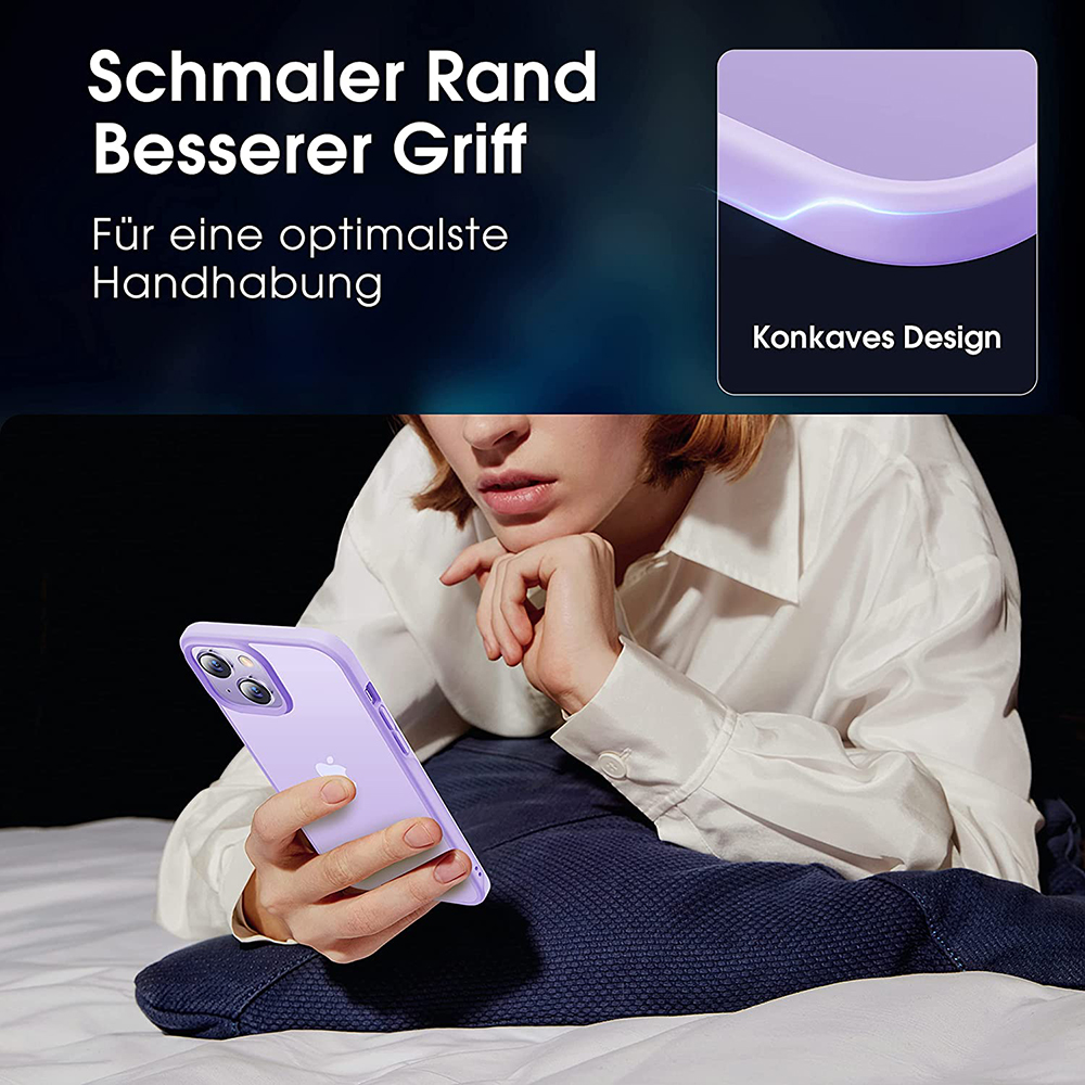 Eine Frau, die ein lila Telefon in einer lila Hülle mit abgerundeten Kanten hält. Text: Besserer Grip.