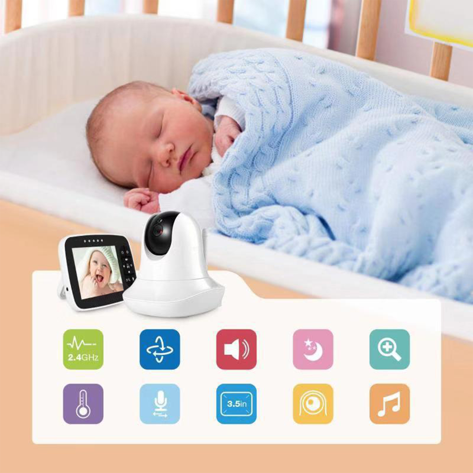 Babyphone mit schlafendem Baby, Kamera und Funktionssymbolen.