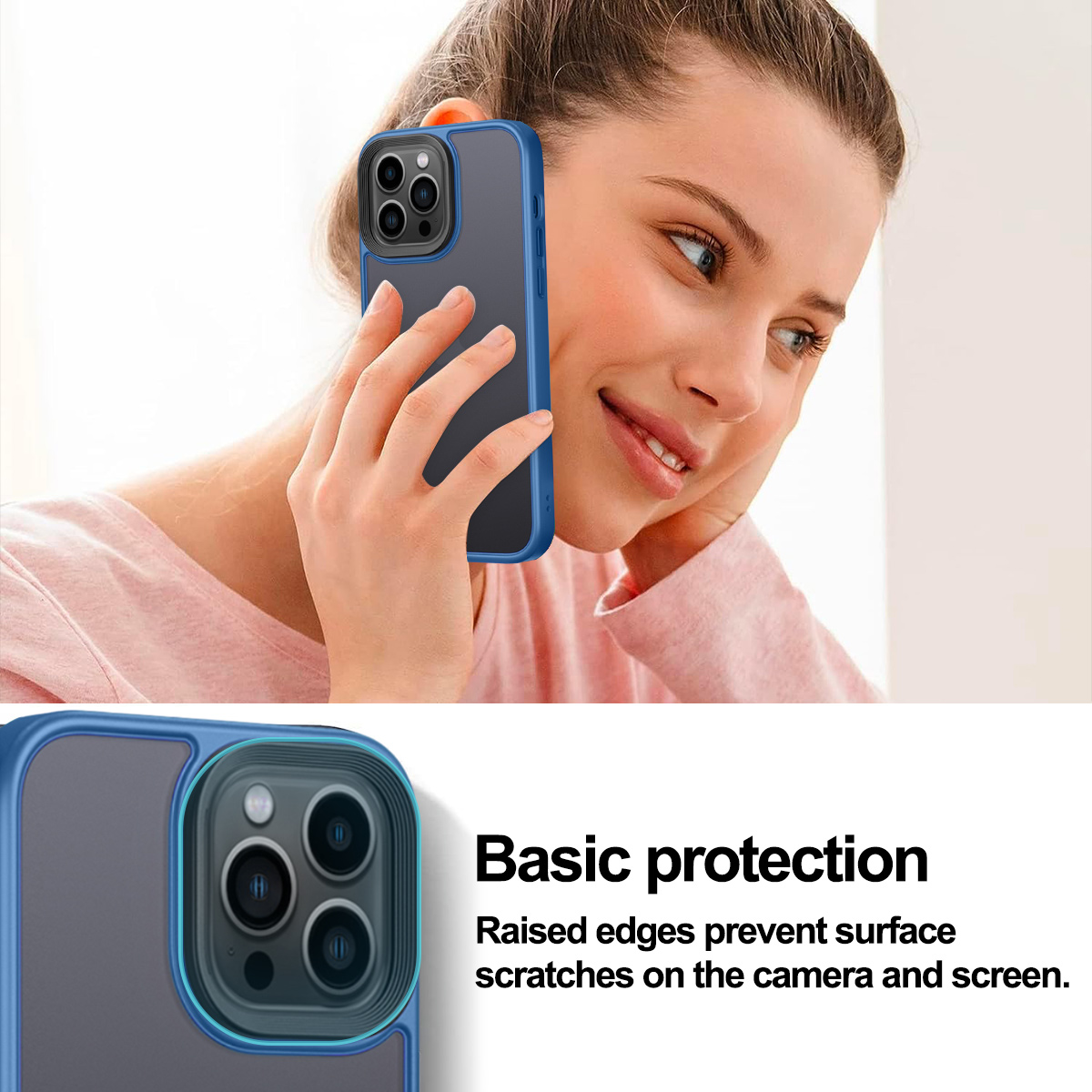 Eine Frau hält ein Telefon in einer blauen Hülle. Die Hülle schützt Kamera und Bildschirm des Telefons.
