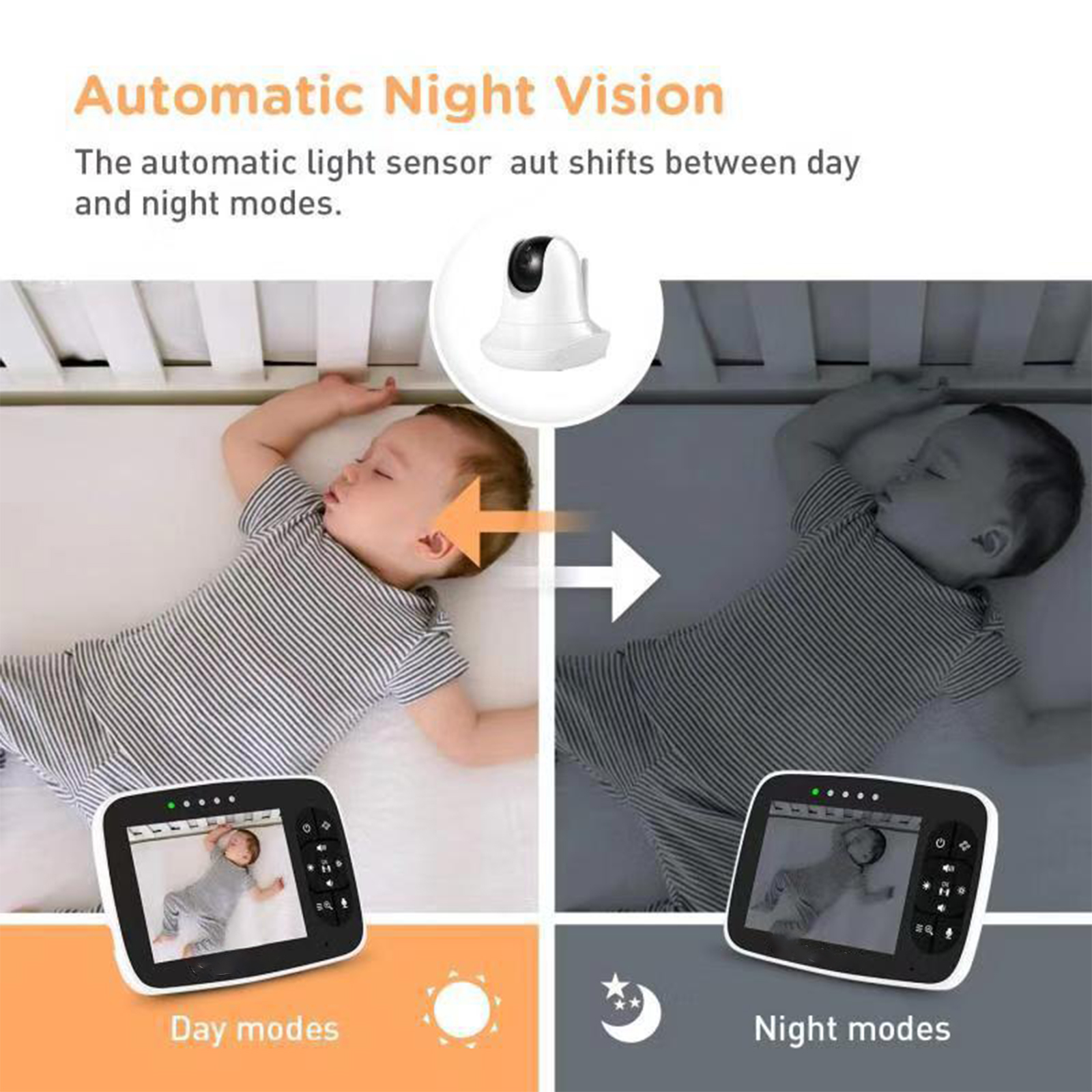 Ein Babyphone, das Tag- und Nachtmodi mit einem schlafenden Baby in einem Kinderbett zeigt.