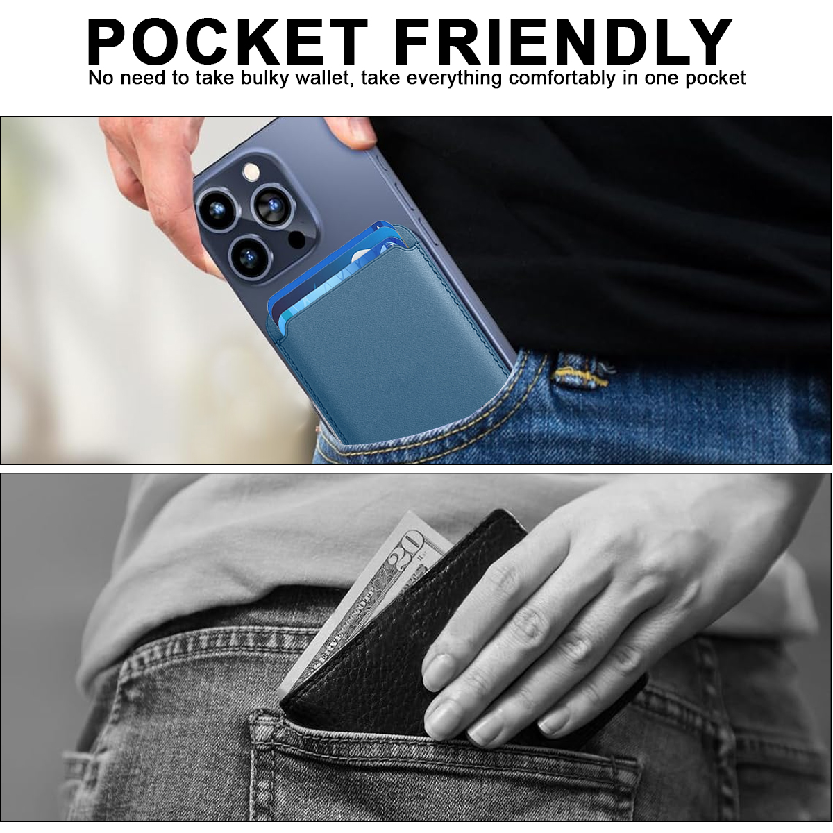 Zwei Bilder, eines von einem Telefon in einer Tasche, eines von einer Brieftasche in einer Tasche. Text: Taschenfreundlich.