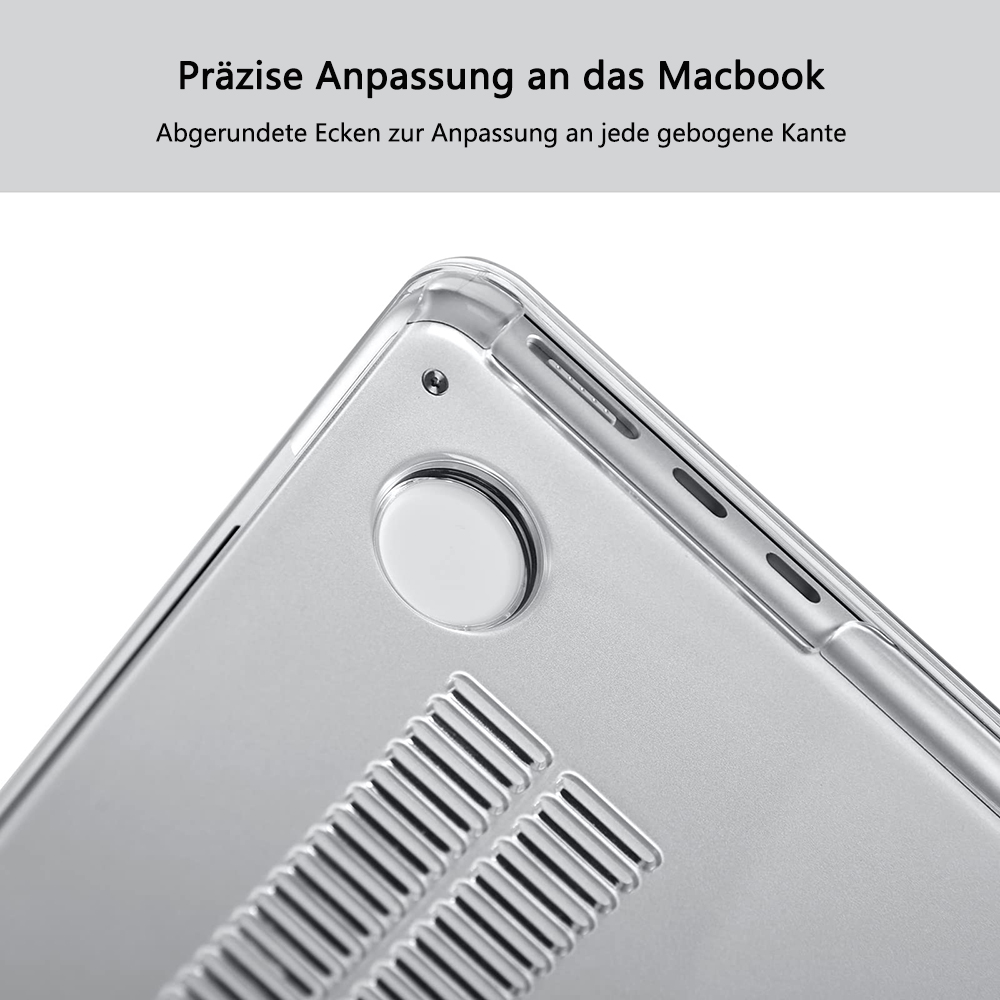Nahaufnahme einer transparenten Macbook-Hülle. Zeigt die Ecken und Belüftungslöcher.