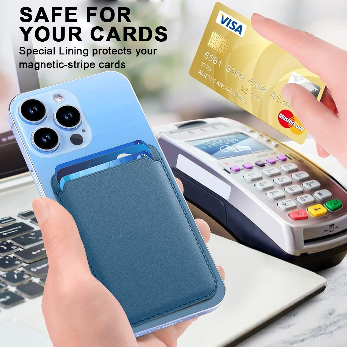 Hand, die ein Telefon mit angebrachtem Portemonnaie, ein Zahlungsterminal und Kreditkarten hält.