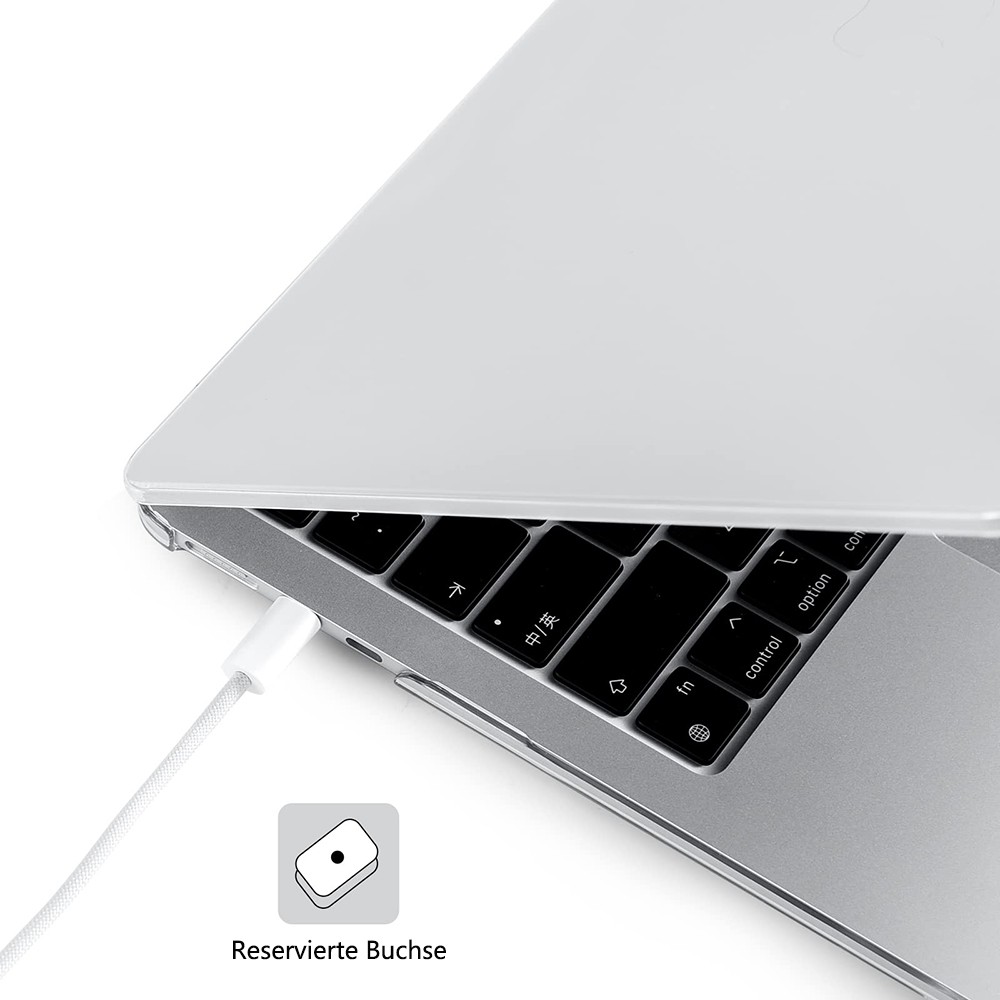 Laptop mit eingestecktem Kabel. Der Text unten lautet 'Reservierte Buchse'.