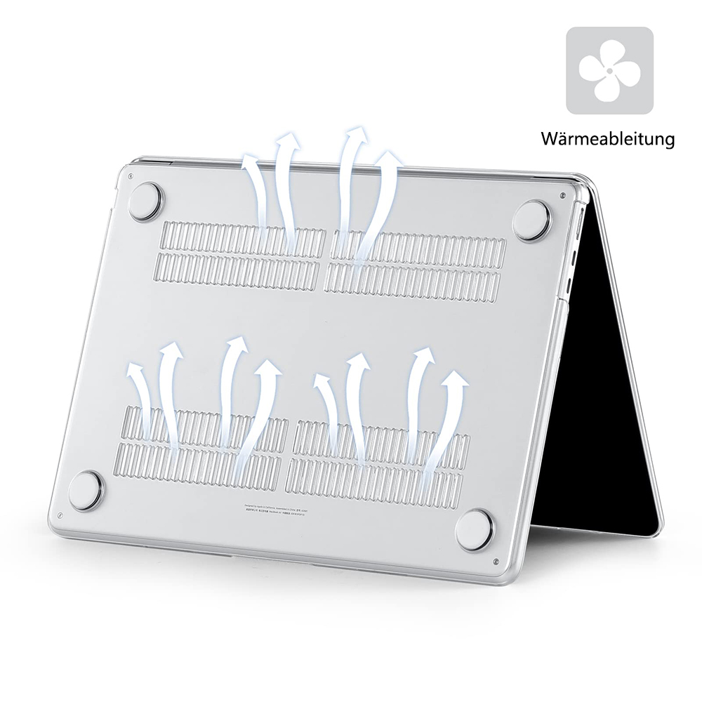 Der Boden eines Laptops mit einer transparenten Abdeckung. Der Laptop hat Belüftungslöcher. Die Abdeckung lenkt den Luftstrom mit Pfeilen.