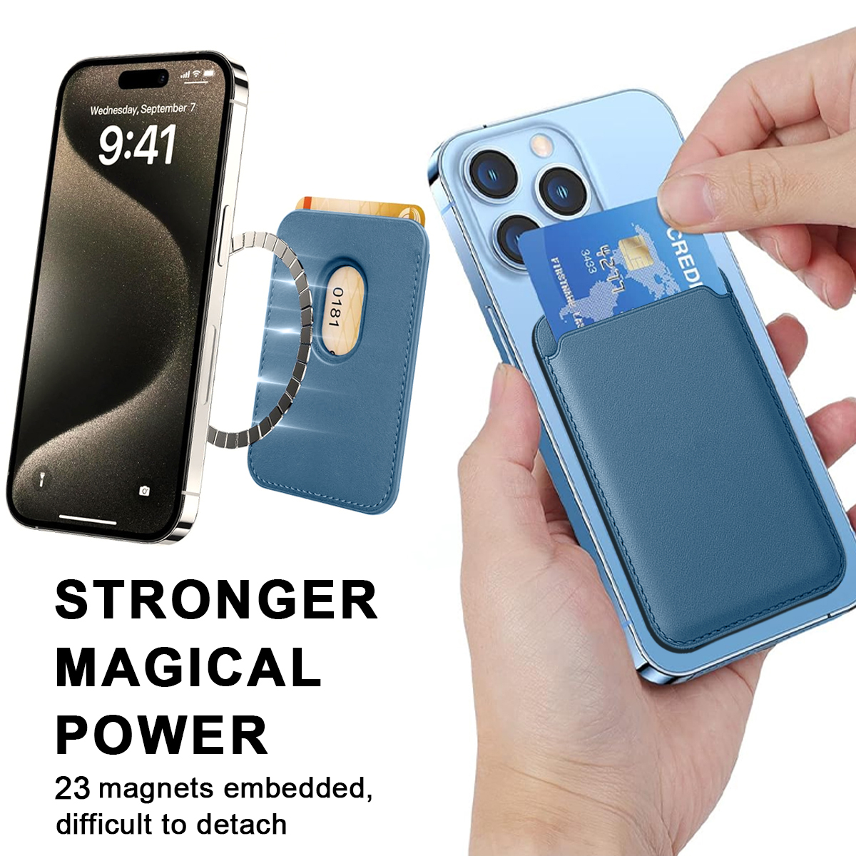 Telefon mit Kartenhalter. Text: 'STRONGER MAGICAL POWER', '23 magnets embedded'.