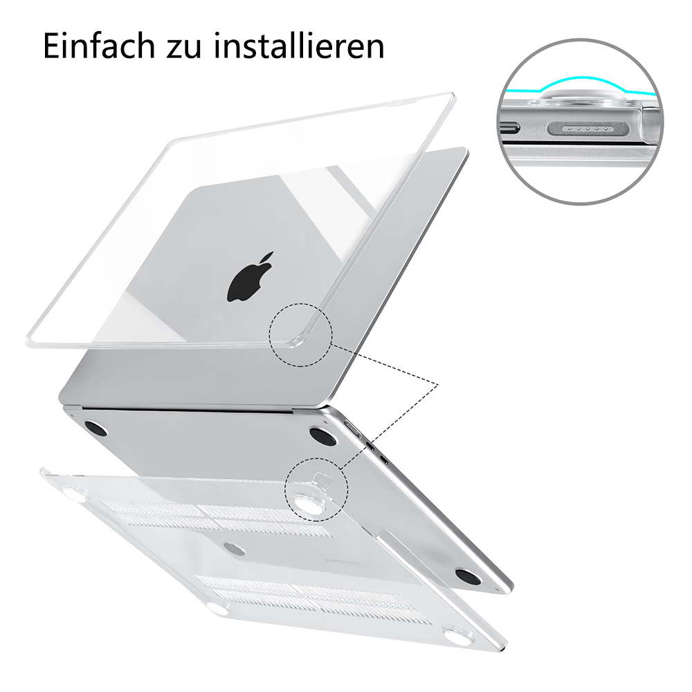 Laptop mit transparenter Hülle. Zeigt Ober- und Unterteil separat. Text: Einfach zu installieren.