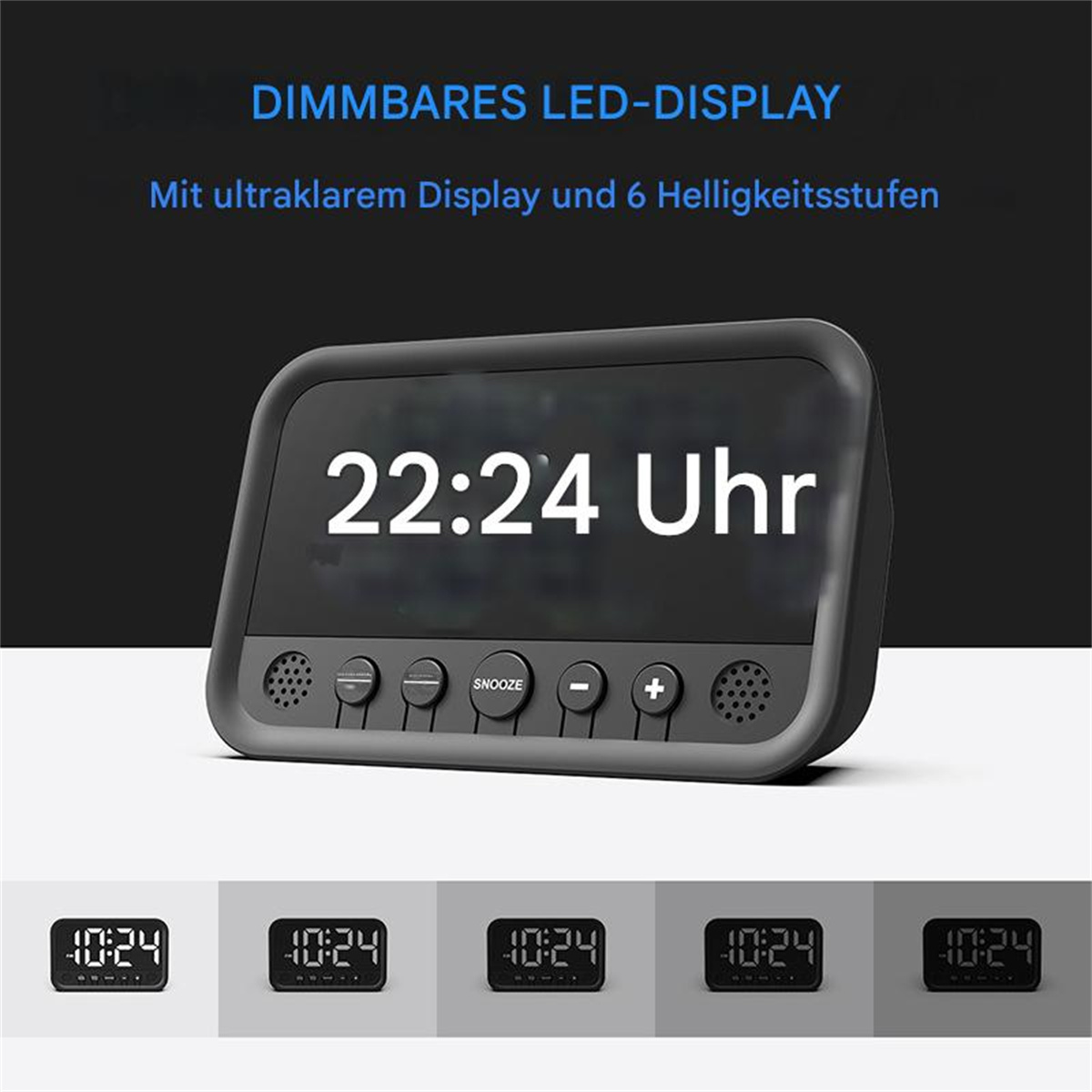 Schwarzer Wecker mit weißer Anzeige, die 22:24 zeigt, und Tasten darunter.