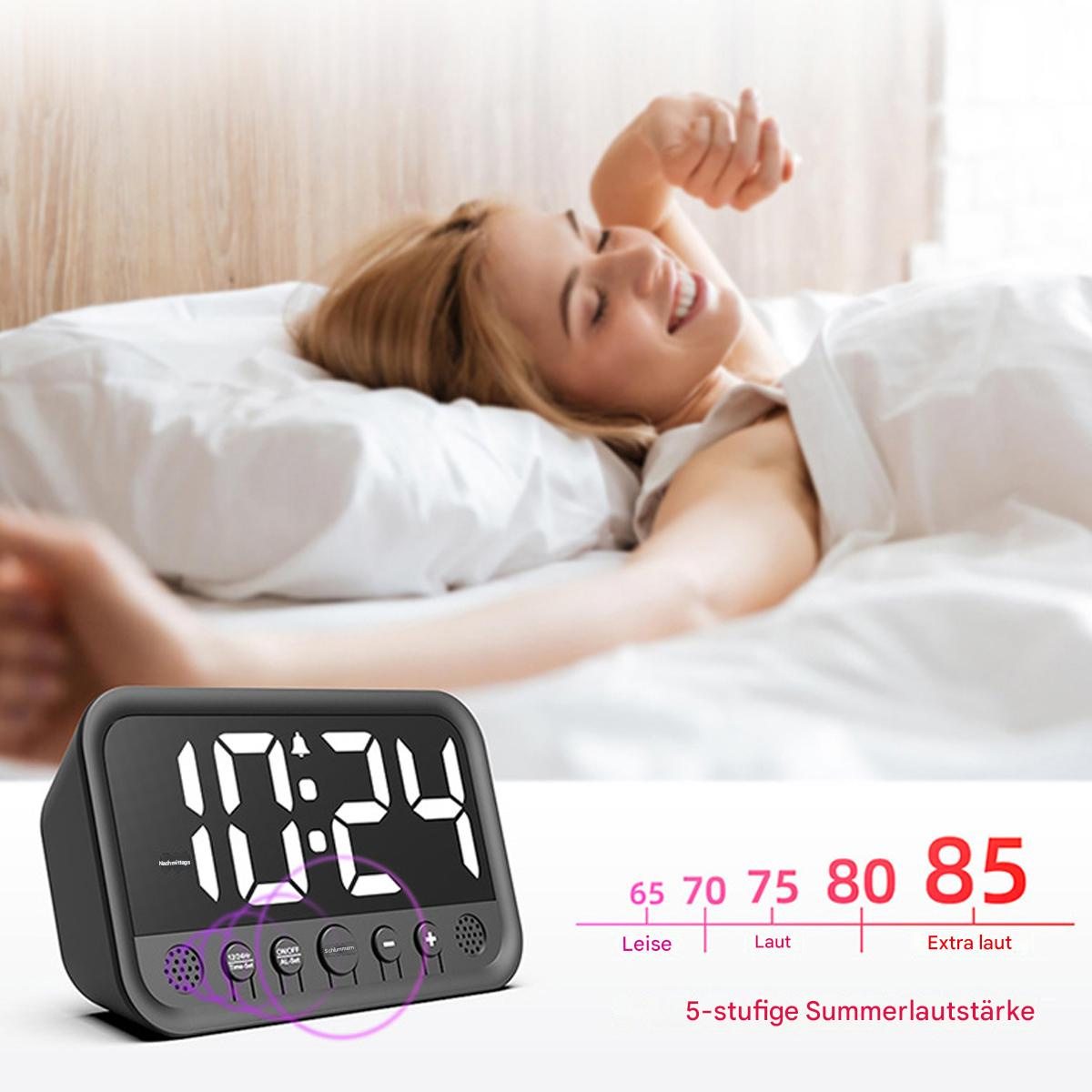 Digitaler Wecker mit lächelnder Frau im Bett. Zeigt 10:24 an. Tonpegelanzeigen sind ebenfalls sichtbar.