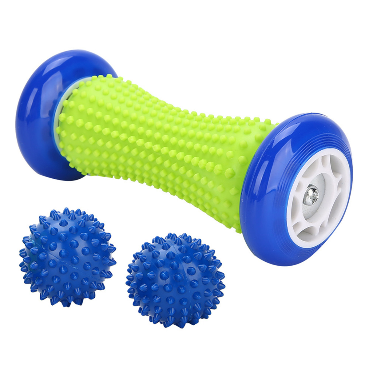 Fußroller mit blauen Enden und grünem, mit Stacheln versehenem Mittelteil, mit zwei blauen Massagebällen.