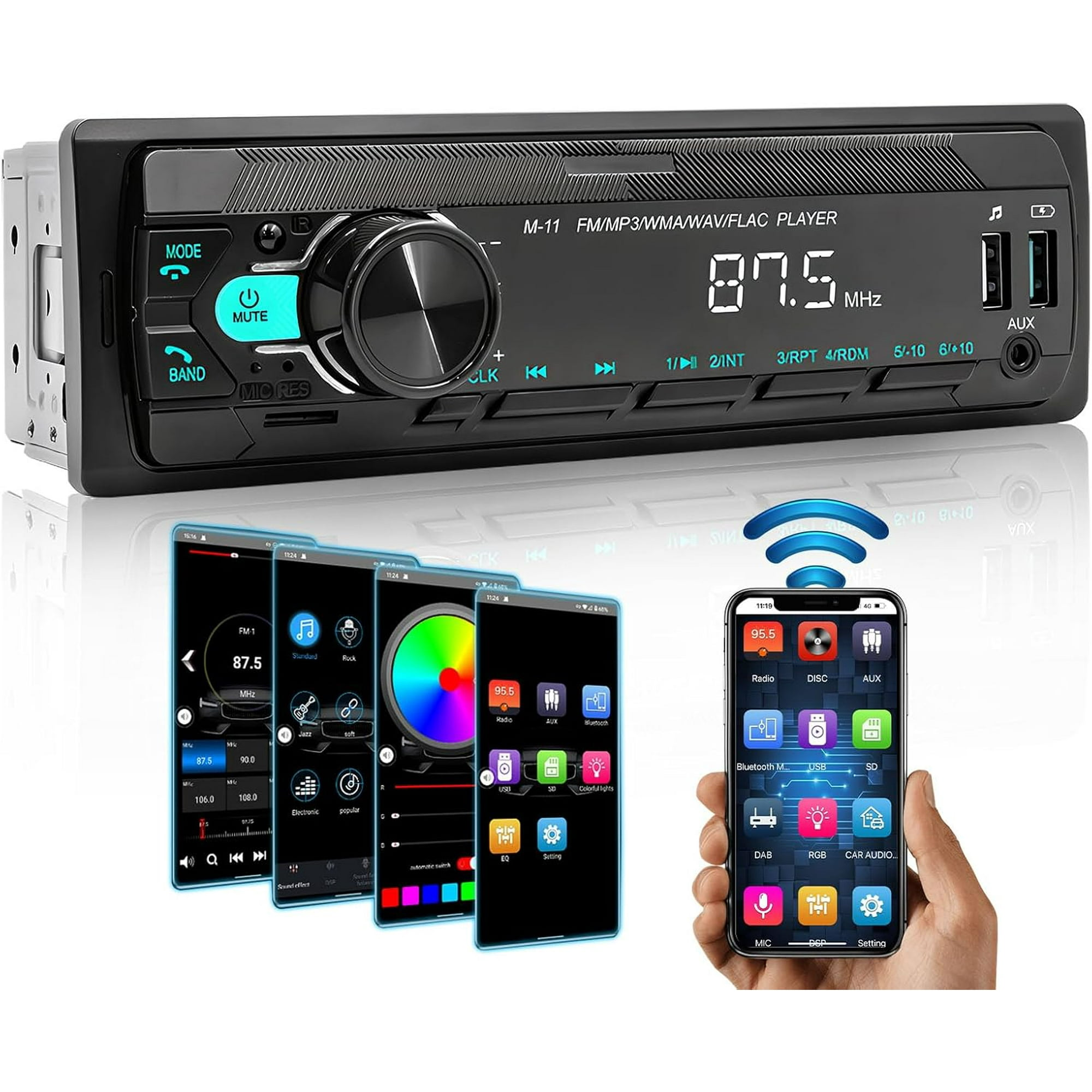 Autoradio mit Digitalanzeige und Telefonbildschirmen, die App-Oberflächen zeigen. Bluetooth-Symbol sichtbar.