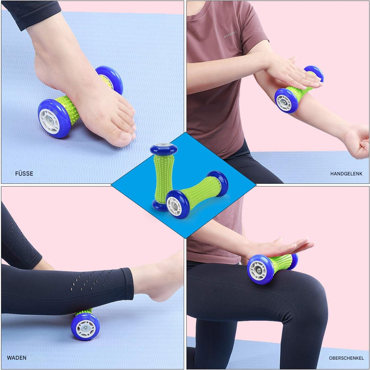 Collage: Personen, die eine grüne Massagerolle für Füße, Arme, Beine und Oberschenkel verwenden, mit Textbeschriftungen.