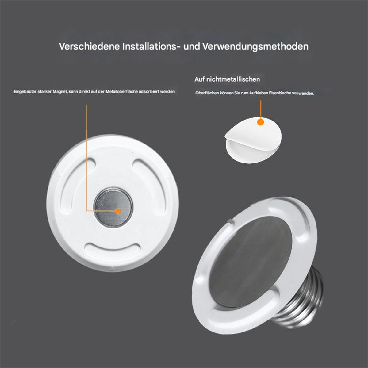 Zwei weiße kreisförmige Objekte mit Magneten, eines direkt an einer Oberfläche befestigt, ein anderes zeigt die Befestigung.
