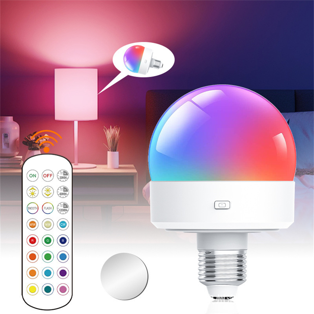 Eine farbwechselnde LED-Glühbirne mit Fernbedienung und Schlafzimmerumgebung.