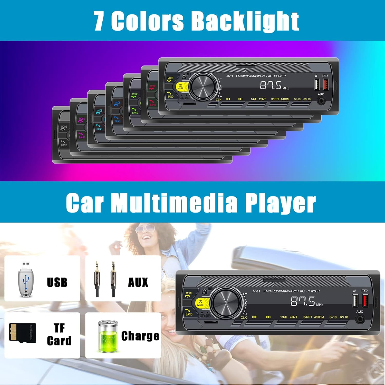 Autoradio mit 7-Farben-Hintergrundbeleuchtung. Enthält USB, AUX, TF-Karte und FM/WAV/FLAC-Player.