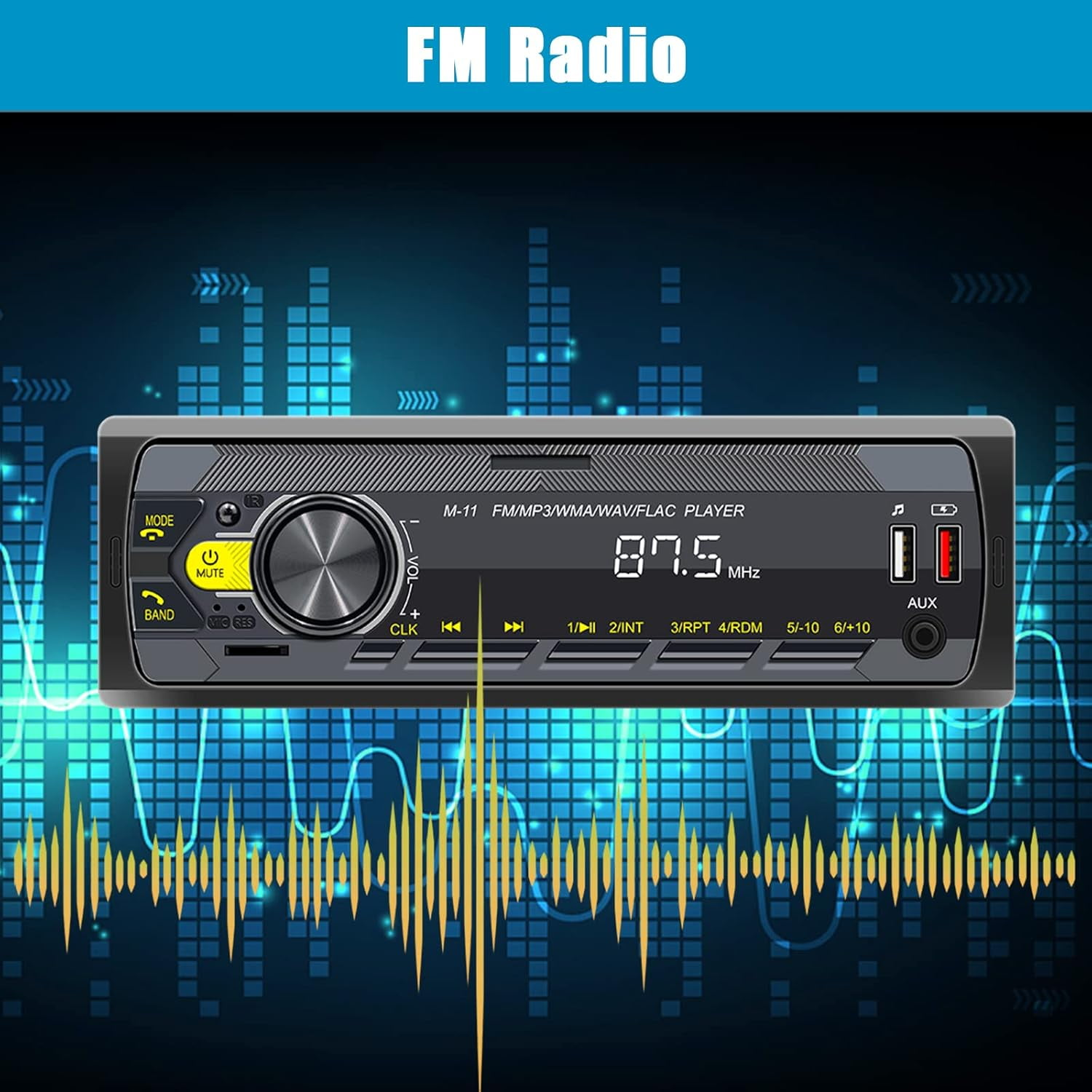 Autoradio mit Tasten und Display. Der Hintergrund hat blaue und gelbe Schallwellen.