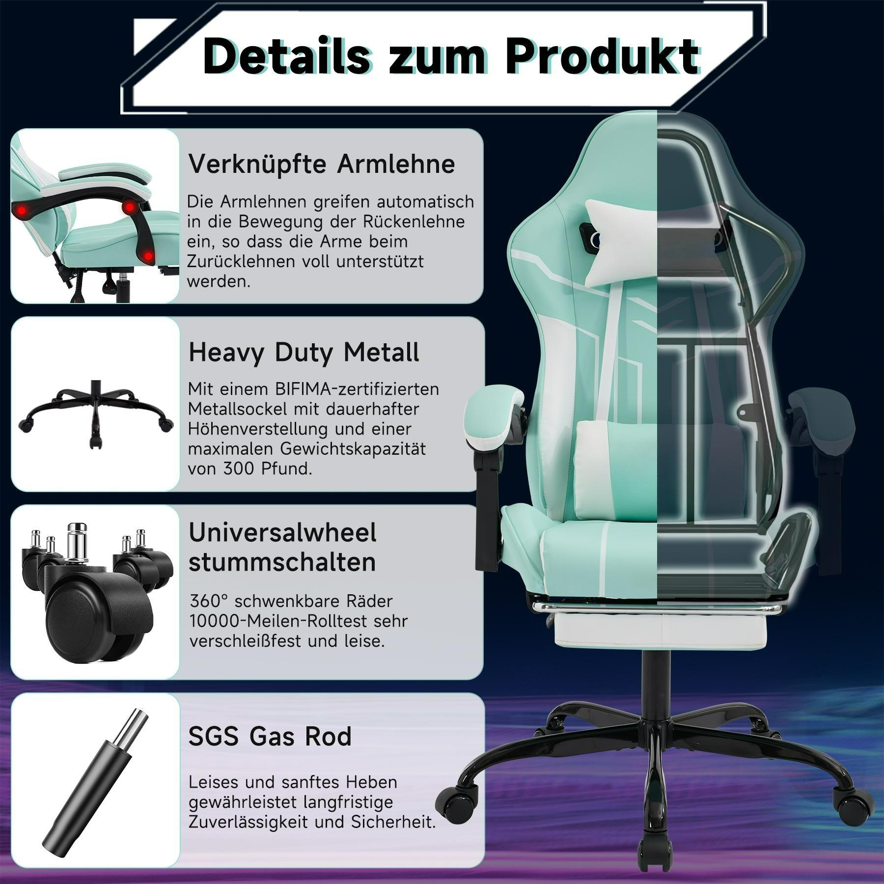 Ein Gaming-Stuhl mit Details zu Armlehnen, Metallbasis, Rädern und Gasdruckfeder.