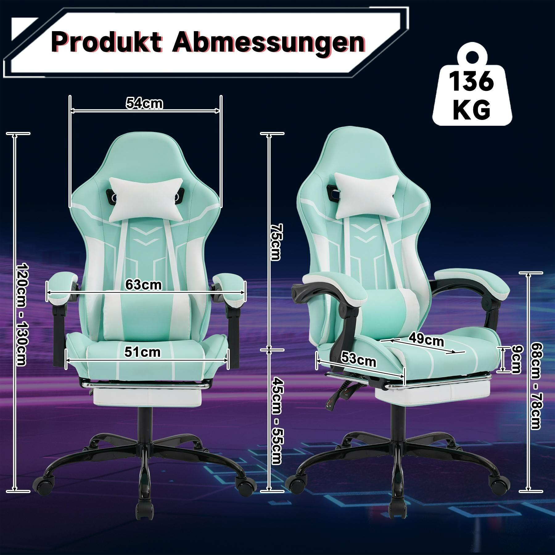 Das Bild zeigt einen blau-weißen Gaming-Stuhl. Abmessungen und Gewicht des Stuhls werden ebenfalls angezeigt.